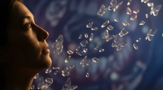 Persona che osserva frammenti sospesi nel vuoto durante un sogno onirico