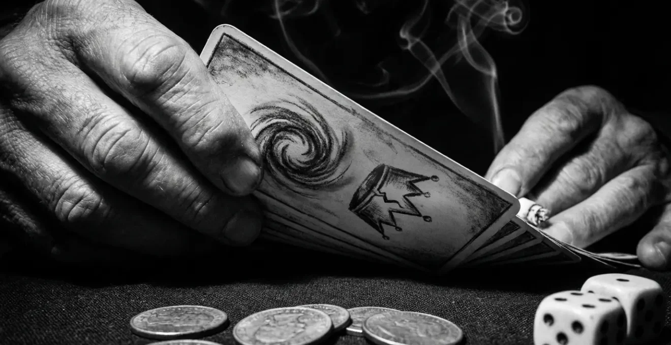 Mani che tengono carte tarocchi con ombre drammatiche simboleggiano predizioni pericolose