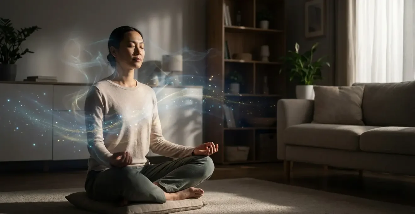 Figura umana seduta in salotto che percepisce energia luminosa attorno a sé