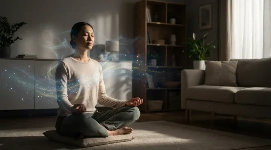 Figura umana seduta in salotto che percepisce energia luminosa attorno a sé