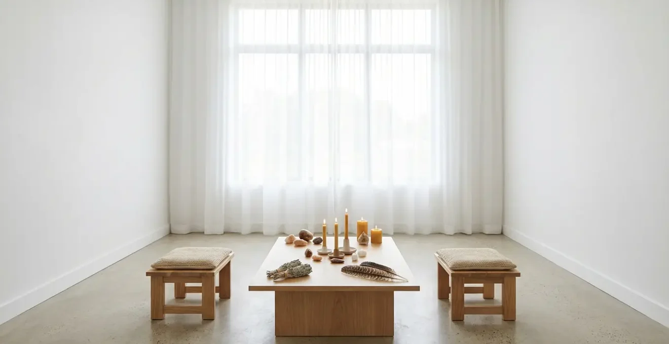 Vista ampia di studio professionale con elementi simbolici di diverse pratiche spirituali