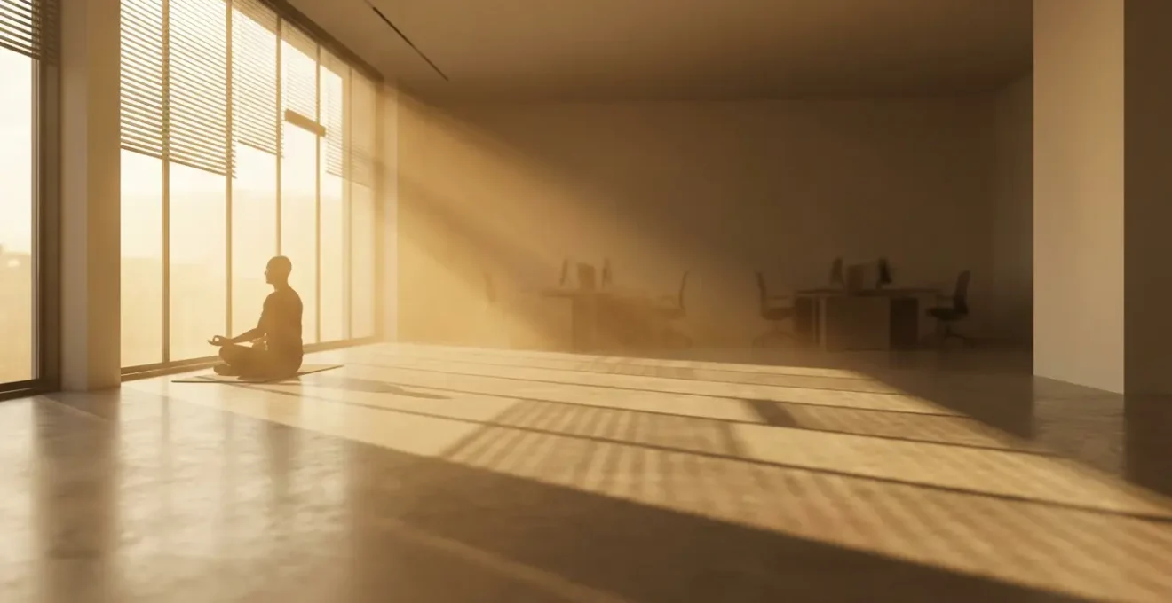 Persona in meditazione in ufficio moderno con aura protettiva di luce dorata