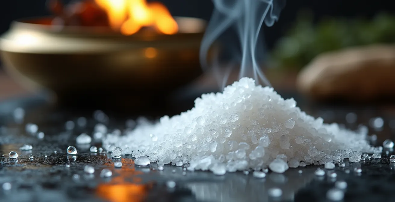 Dettaglio macro di cristalli e sale grosso con incenso che brucia per la purificazione rituale