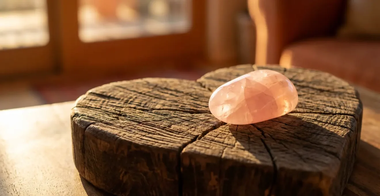 Quarzo rosa levigato appoggiato su un cuore di legno con luce dorata che simboleggia la guarigione emotiva
