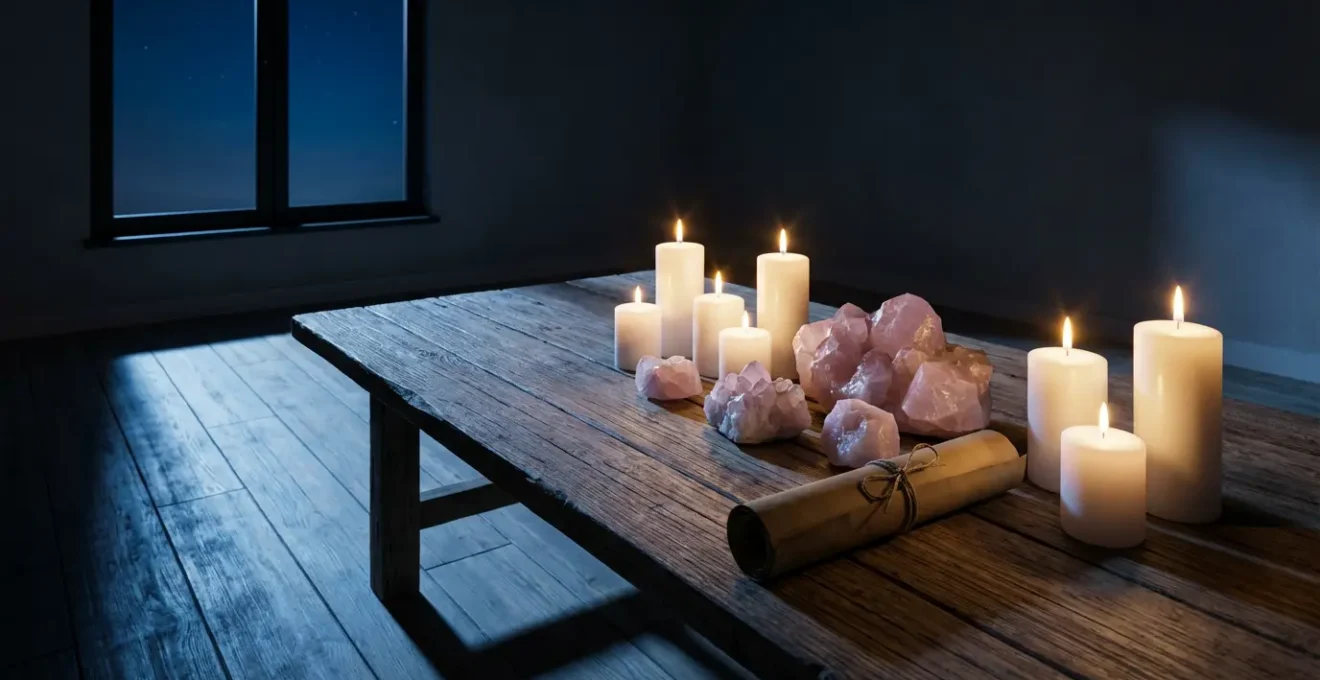 Quarzo rosa illuminato dalla luce lunare con candele e pergamena per rituali di manifestazione