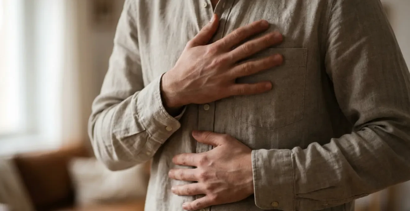 Mani sul petto e addome durante esercizio di respirazione profonda