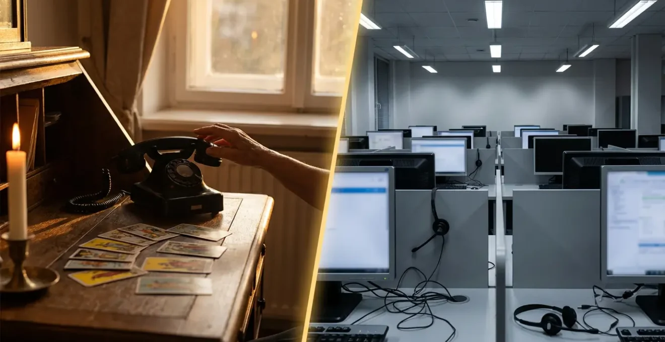 Confronto visivo tra un vero servizio di cartomanzia professionale e un call center truffaldino, mostrando due scene separate con atmosfere contrastanti