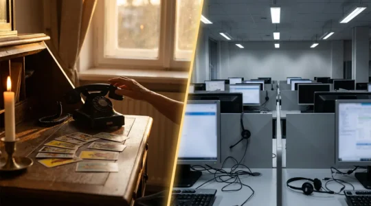 Confronto visivo tra un vero servizio di cartomanzia professionale e un call center truffaldino, mostrando due scene separate con atmosfere contrastanti