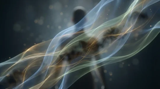 Campo energetico aurico con zone di luce e ombre che mostrano la riparazione dell'energia