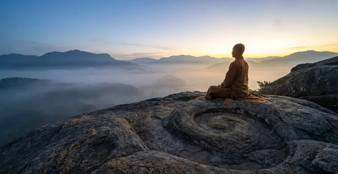 Figura solitaria in ritiro meditativo su una roccia, rappresenta il paradosso del numero 7