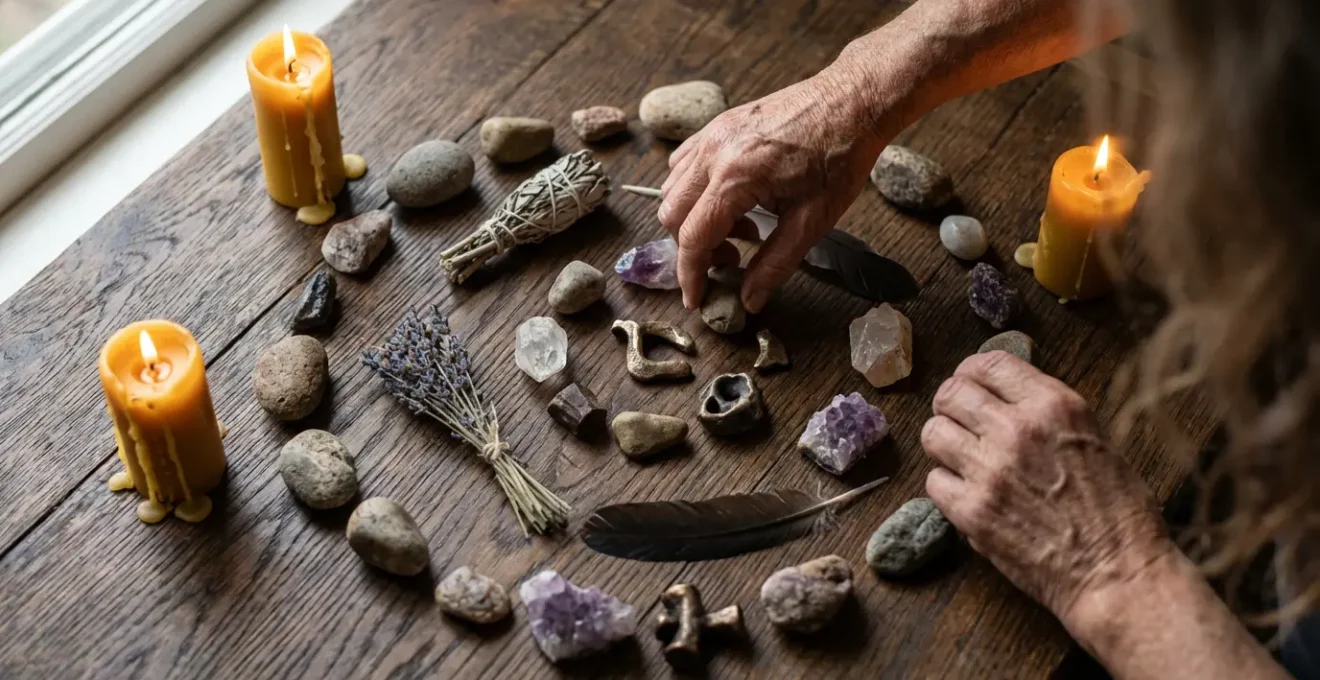 Mani che dispongono oggetti simbolici in cerchio su tavolo di legno con candele accese