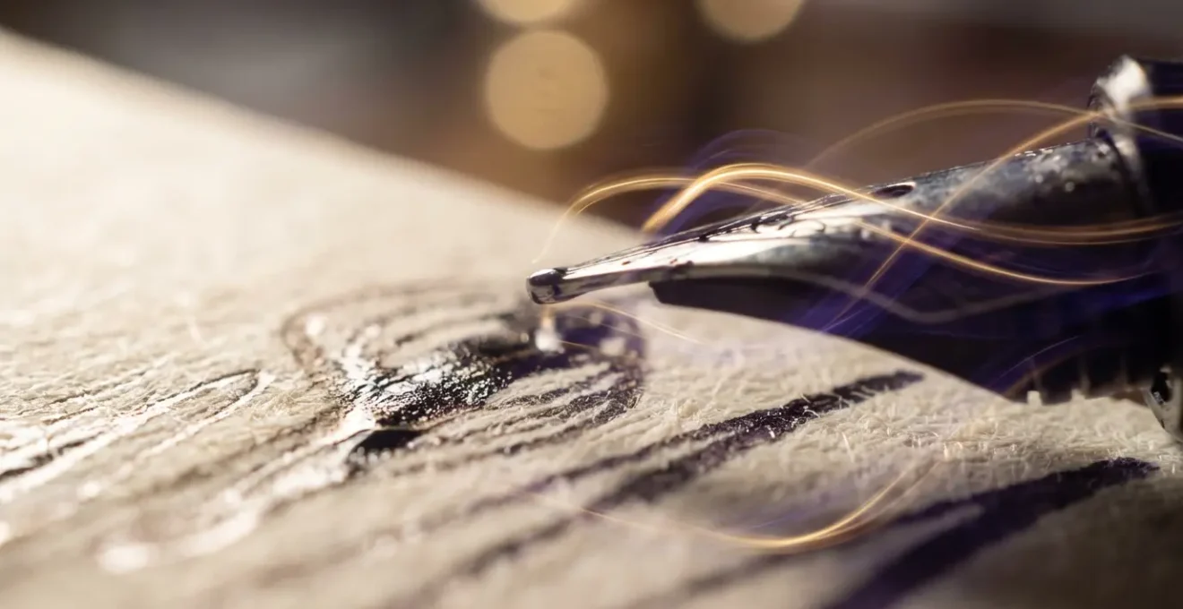 Mano che scrive automaticamente su carta con energia fluida intorno