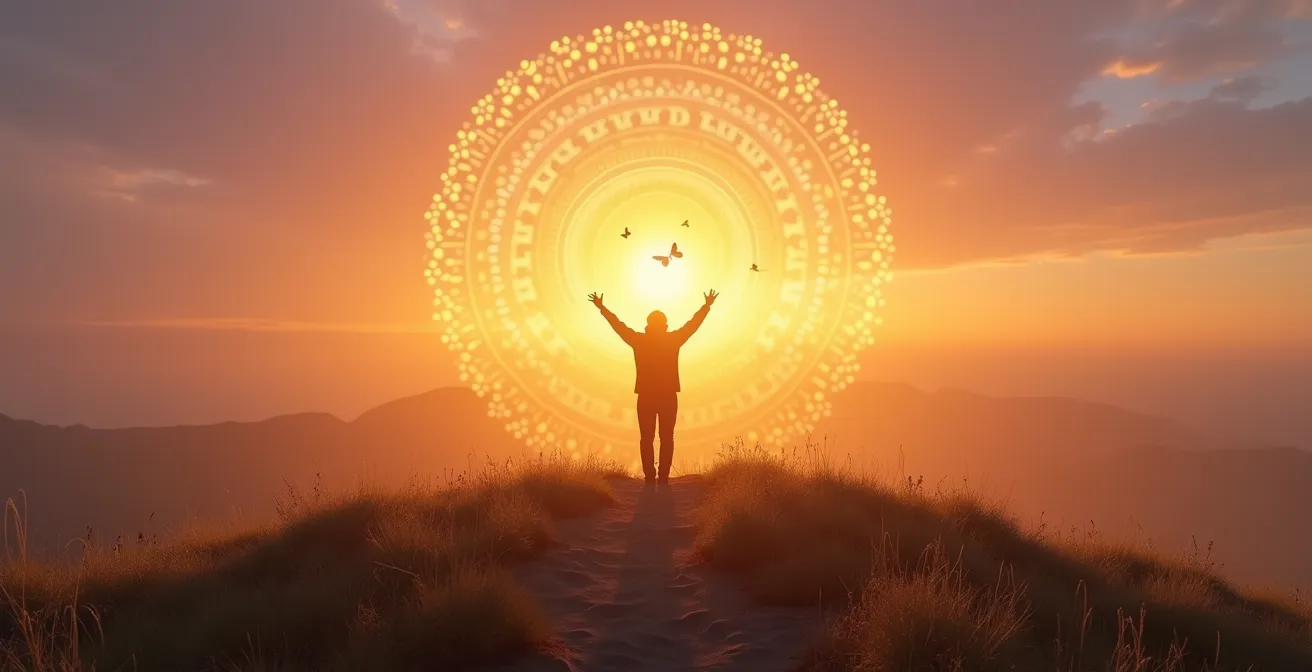 Mandala di luce dissolversi in particelle dorate che si trasformano in farfalle