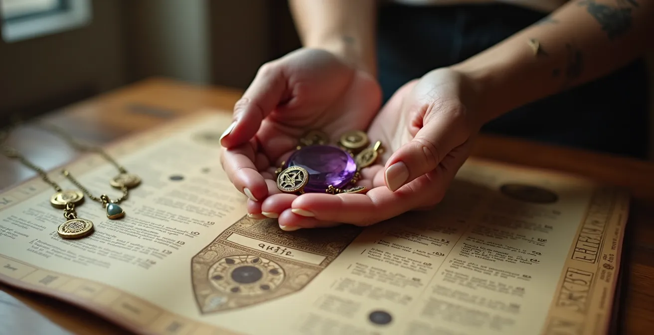 Mani che tengono diversi talismani mentre consultano un calendario lunare per la selezione personalizzata