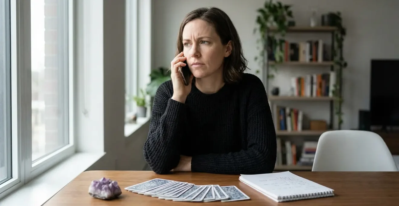 Donna al telefono valuta autenticità sensitiva con tarocchi e cristalli sulla scrivania