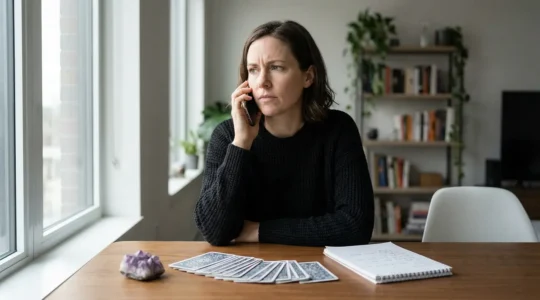 Donna al telefono valuta autenticità sensitiva con tarocchi e cristalli sulla scrivania