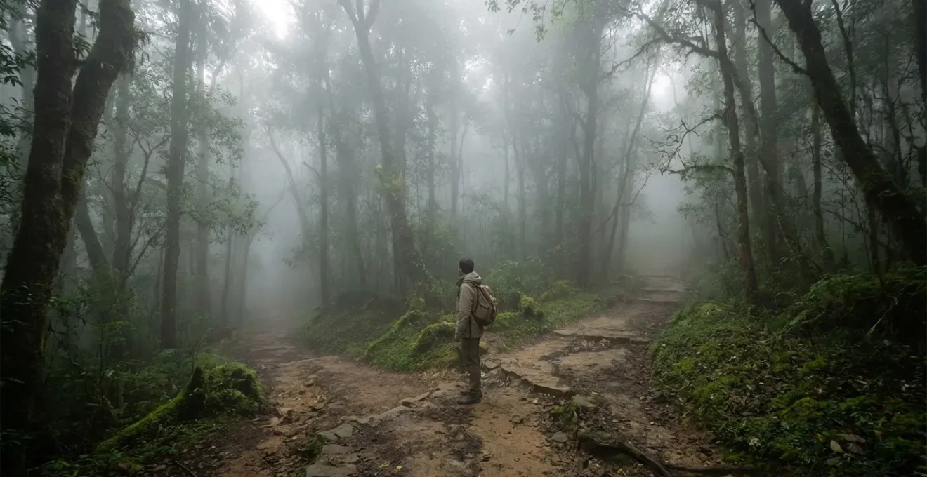 Sentiero che si biforca nella nebbia rappresentando le scelte di vita