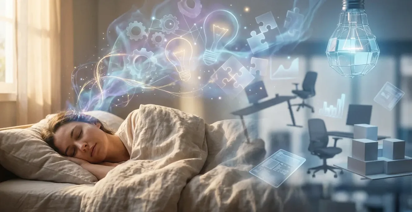 Persona che medita con simboli onirici e professionali che si fondono