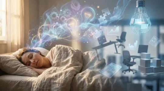 Persona che medita con simboli onirici e professionali che si fondono