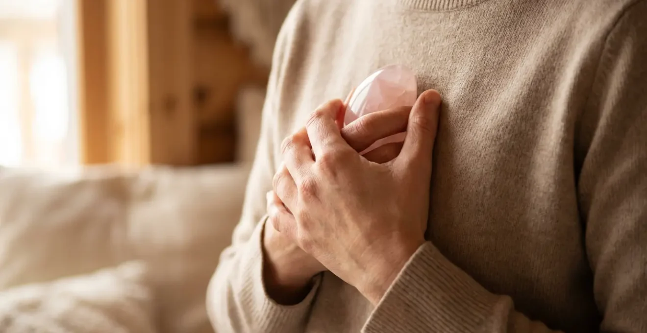 Persona che tiene un quarzo rosa sul chakra del cuore davanti a uno specchio antico
