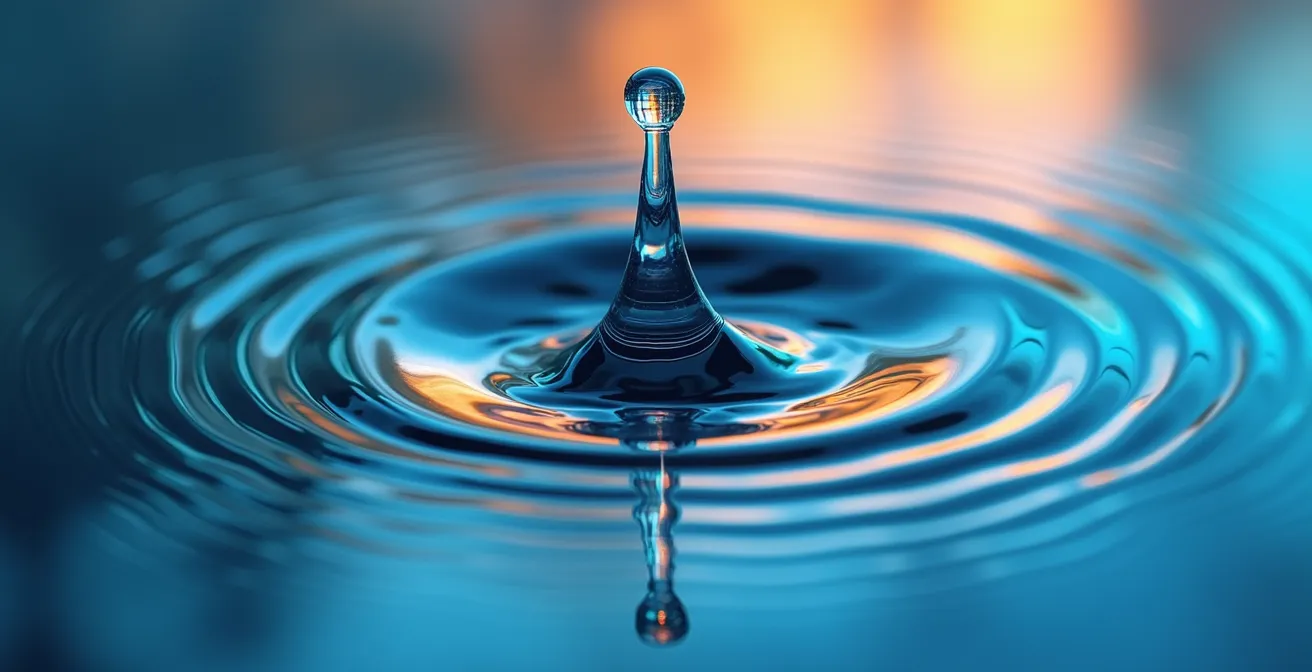 Macro dettaglio di gocce d'acqua che creano cerchi concentrici perfetti