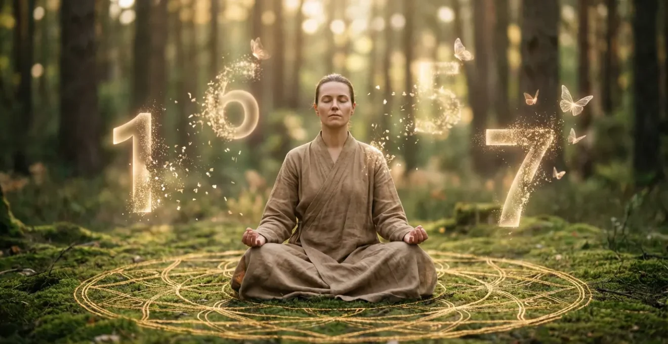 Persona in meditazione circondata da numeri luminosi che si dissolvono nell'aria, simbolo di trasformazione del debito karmico 16/7