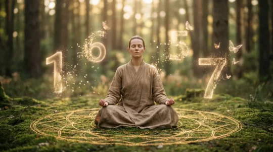 Persona in meditazione circondata da numeri luminosi che si dissolvono nell'aria, simbolo di trasformazione del debito karmico 16/7