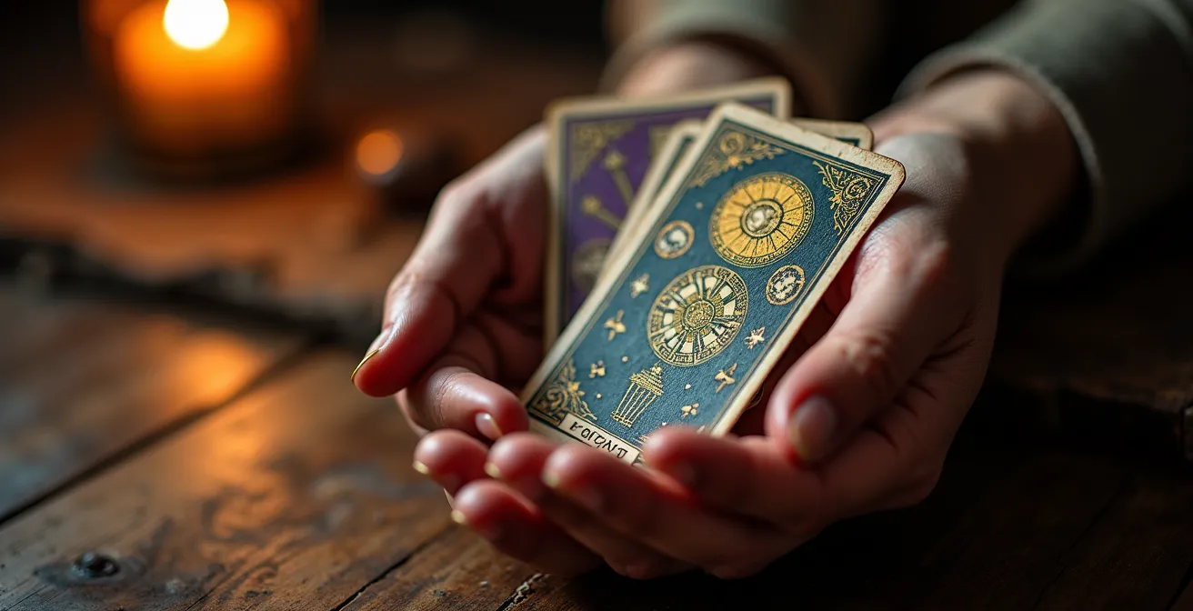 Mani che tengono delicatamente carte dei tarocchi con luce soffusa che illumina i simboli