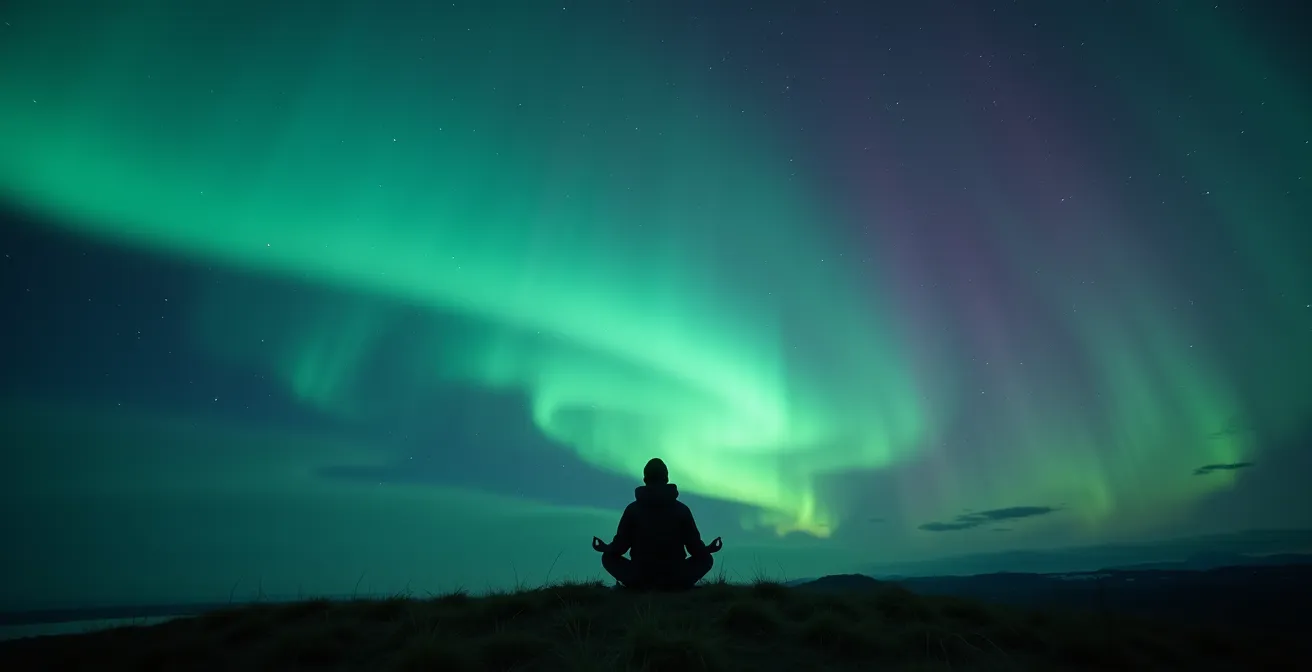 Campo magnetico terrestre illuminato da aurora boreale con figura umana meditante