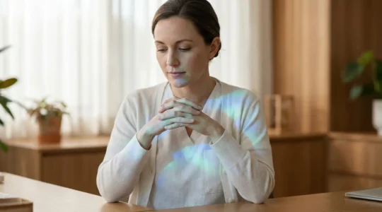 Operatore sanitario con riflessi blu luminosi di protezione energetica