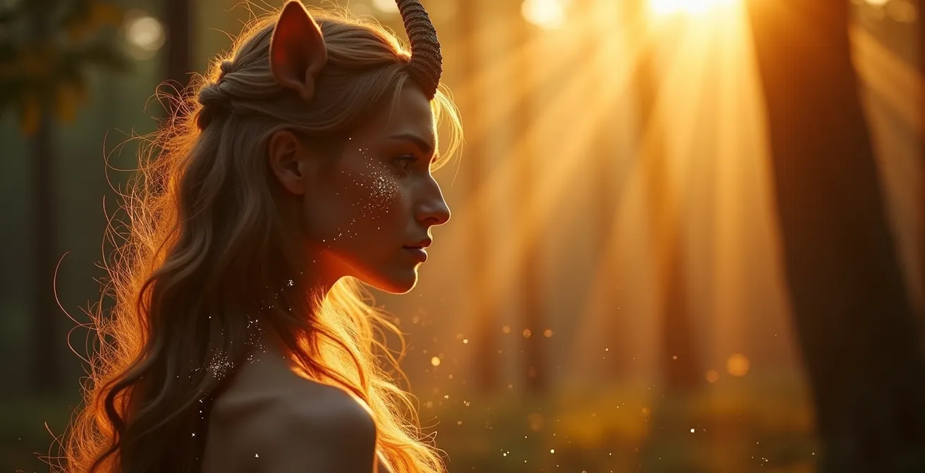 Centauro illuminato da una luce dorata che si trasforma in costellazione stellare