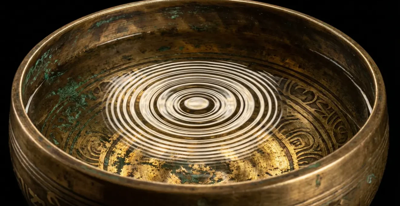 Macro dettaglio di campana tibetana con vibrazioni visibili nell'acqua al suo interno
