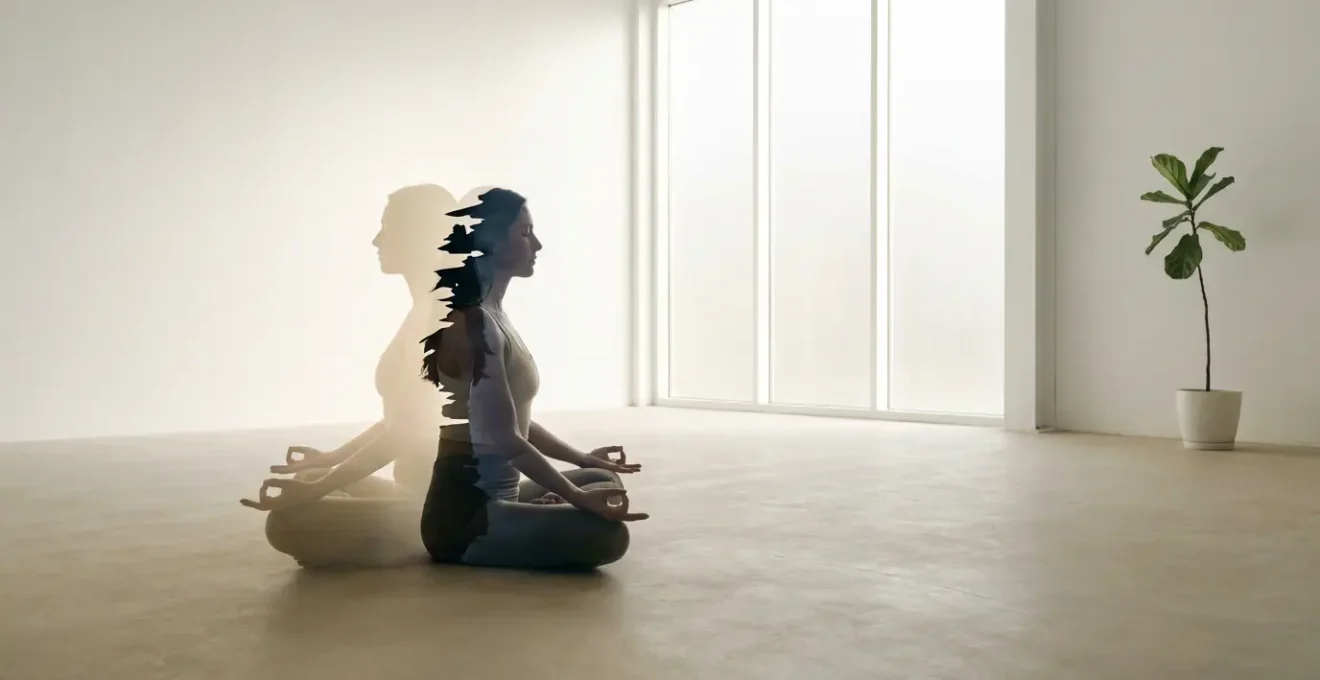 Profilo di donna in meditazione con doppia esposizione simboleggia dualità mente calma e ansiosa